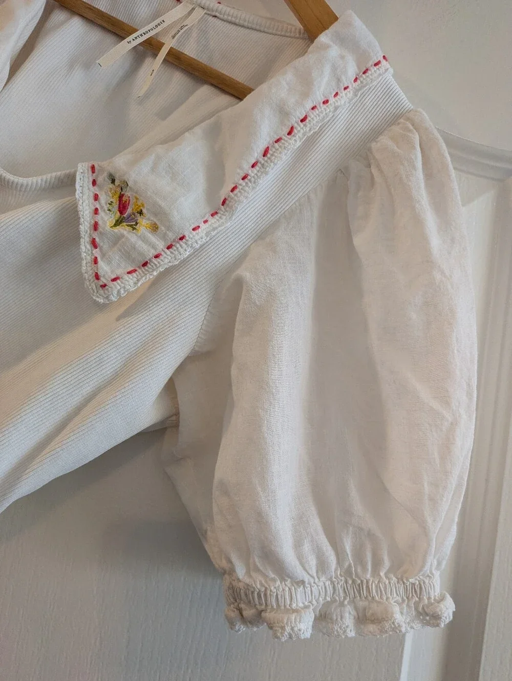 Anthropologie Short Puff Sleeve Collared Floral Embroidered Top White Size XLP